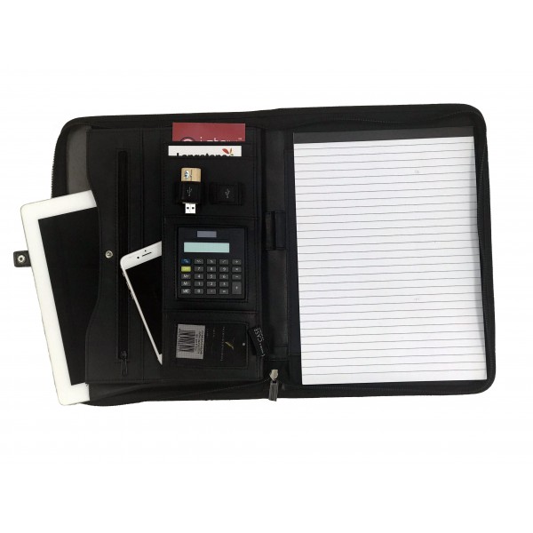 Falcon A4 iPad/Tablet Faux Leather Zip Around Conference Folder With Calculator - FI6521 Black 