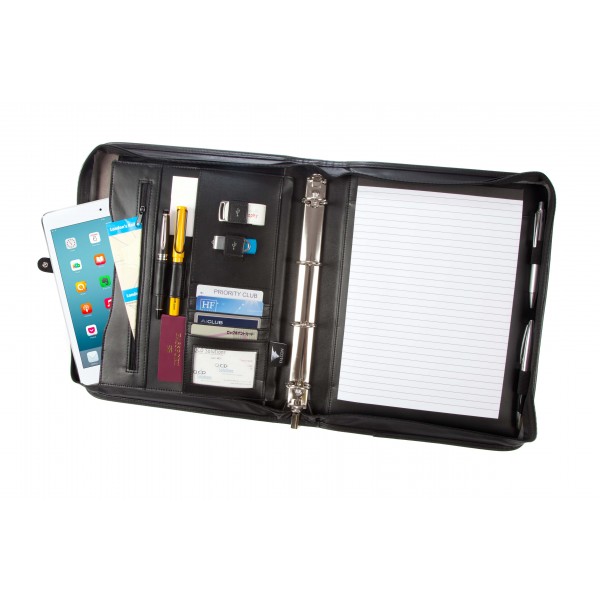 Falcon A4 Leather iPad/Tablet Zip Close 4 Ring Binder Conference Folder - FI6518BL Black